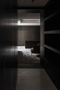 Modern black living room with minimalist furniture and dark wood walls and cabinets.