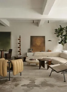 A contemporary living room featuring a comfortable, plush sofa upholstered in a neutral fabric, complemented by modern coffee