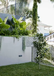 Concrete garden with architectural elements and greenery