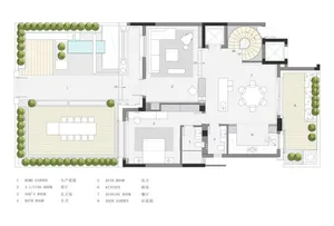 Closed garden layout with concrete, glass, and wooden elements in a modern house floor plan