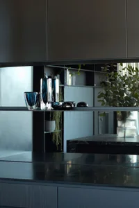 Modern kitchen featuring glass vases and black marble surfaces.