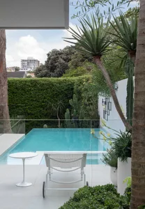 A modern minimalist exterior featuring glass, concrete, and plants.