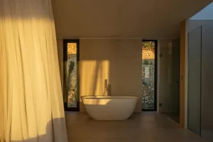 Modern residential bathroom with a freestanding bathtub, concrete walls, and natural light.