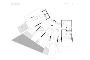 A detailed architectural drawing of a modern residential floor plan featuring wooden materials.