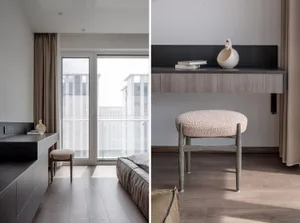 Modern bedroom with concrete flooring, minimalist design, and wooden furniture.