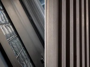 Close-up of a modern door featuring wood panels and glass insets.