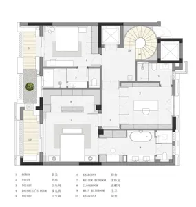 A modern floor plan with white, grey, and black elements, showing a house with multiple rooms and bathrooms.
