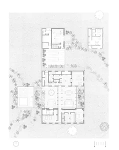 A detailed 2D architectural drawing of a modern house's floor layout, including rooms, amenities, and exterior features.