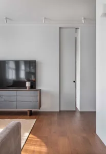 Modern, minimalist living room featuring sleek lines, wood flooring, a sliding door, and minimal furniture.