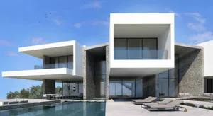 Modern residential building with concrete and glass materials.
