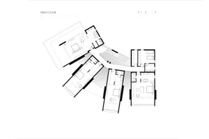 First-floor layout of a modern architectural design, featuring a combination of lines and shapes.