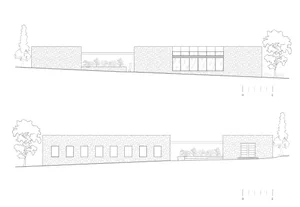 A technical drawing of a modern exterior design featuring stone materials.