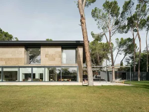 A modern house with a concrete exterior, large windows, and a lush green lawn surrounded by tall trees.