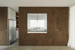 Interior shot of a modern kitchen with cork walls and a glass window