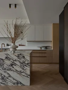 Modern minimalist residential kitchen featuring minimalist design elements and a luxurious marble countertop.