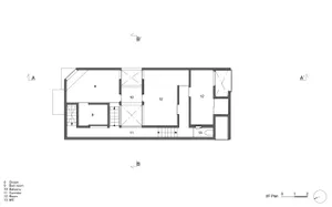 Modern architectural floor plan with labeled rooms and sections.
