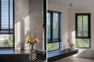 Modern interior design featuring wooden blinds and a window with floral arrangement.