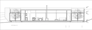 客廳的建築剖面圖，採用混凝土與玻璃材質。