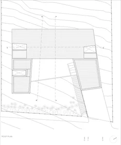 Simplified architectural floor plan of a modern building with a roof covered in dotted patterns.