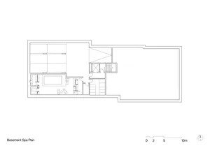 Floor plan of a modern spa with concrete walls and minimalist design