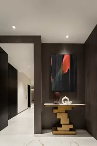 Modern entrance hall featuring dark wood walls and ceiling with minimalist design elements.