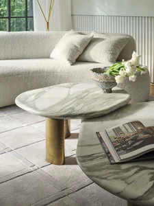 A modern living room featuring a cozy sofa with white and beige cushions, accompanied by two marble coffee tables with a bras