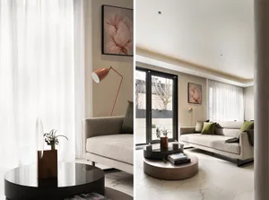 Modern living room featuring soft neutral tones, minimalistic furniture, and elegant decorative elements.