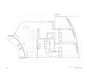 Floor plan of a modern residential space with mixed materials and open layout.