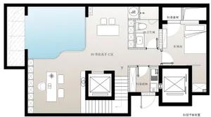 Floor plan of a modern residential interior featuring a concrete water feature.