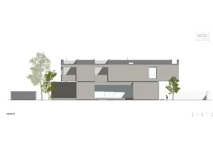 A modern house with concrete and glass exterior materials.