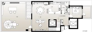 modern residential interior layout with kitchen, living room, and bedroom