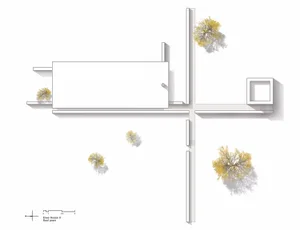 Plan view diagram showing the layout of trees and building structures on the rooftop of a modern architectural house labeled 
