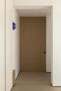 A modern, minimalist wooden door with a simple knob and small window.