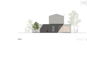 Modern exterior concrete house rendered perspective view with minimalist design and small trees surrounding.