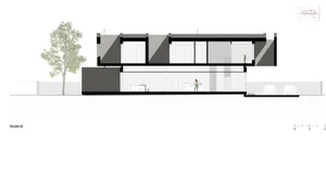 Sectional view of a modern interior with glass walls and a minimalist design.