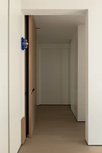 A minimalist corridor with wooden flooring and white walls.