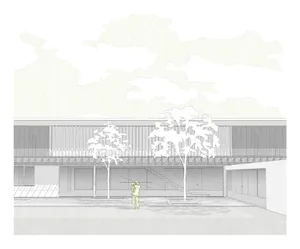 A wireframe architectural rendering depicting modern architectural indicators including facade elements, trees, and a human f