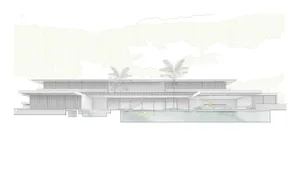 A modern residential design featuring a concrete floor plan with large glass windows.