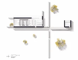 A modern roof plan depicting a house with glass walls and a minimalist design.
