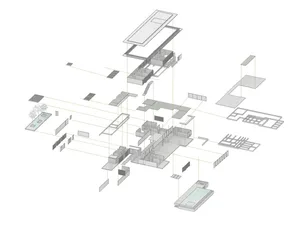 A detailed architectural drawing of a modern building with mixed materials, showing the floor plan layout.