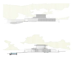 Modern architectural design featuring glass walls and structure.