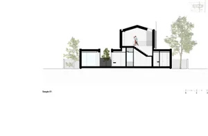 A cross-section view of a modern house showing the second floor layout with a glass staircase and a balcony.