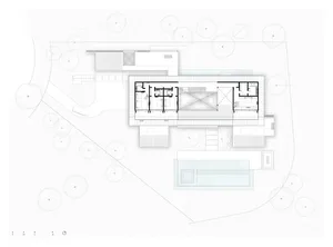 Floor plan of a modern house showcasing a glass interior design.