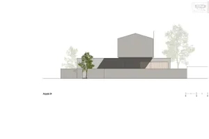 A modern house with a concrete exterior and a section view showing the wall structure and roof design.
