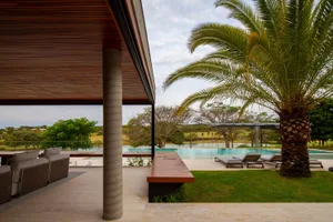 Modern outdoor space featuring a pool surrounded by palm trees and a wooden deck and furniture.