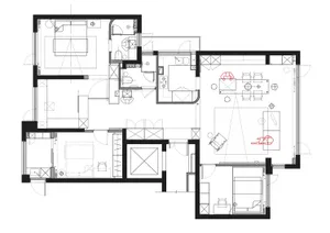 A detailed 2D floor plan of a modern residential interior design.