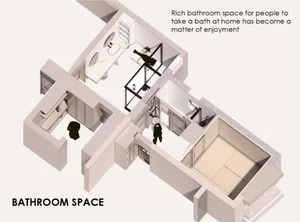 Floor plan of a minimalist bathroom featuring marble and concrete materials.