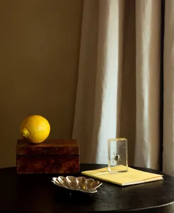A still life of a wooden box, lemon, metal dish, glass paperweight, and notebook on a table with light shining through a curt
