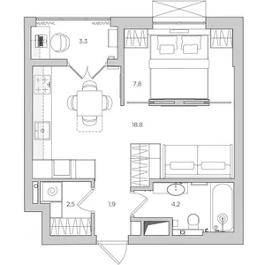 一張現代住宅平面圖，展示一間含客廳兼餐廳區、臥室、廚房和衛浴的單人公寓。