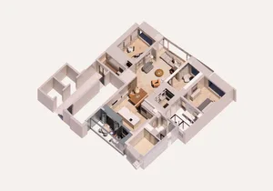 A floor plan of a modern residential interior featuring wood flooring, marble countertops, and metal furniture.